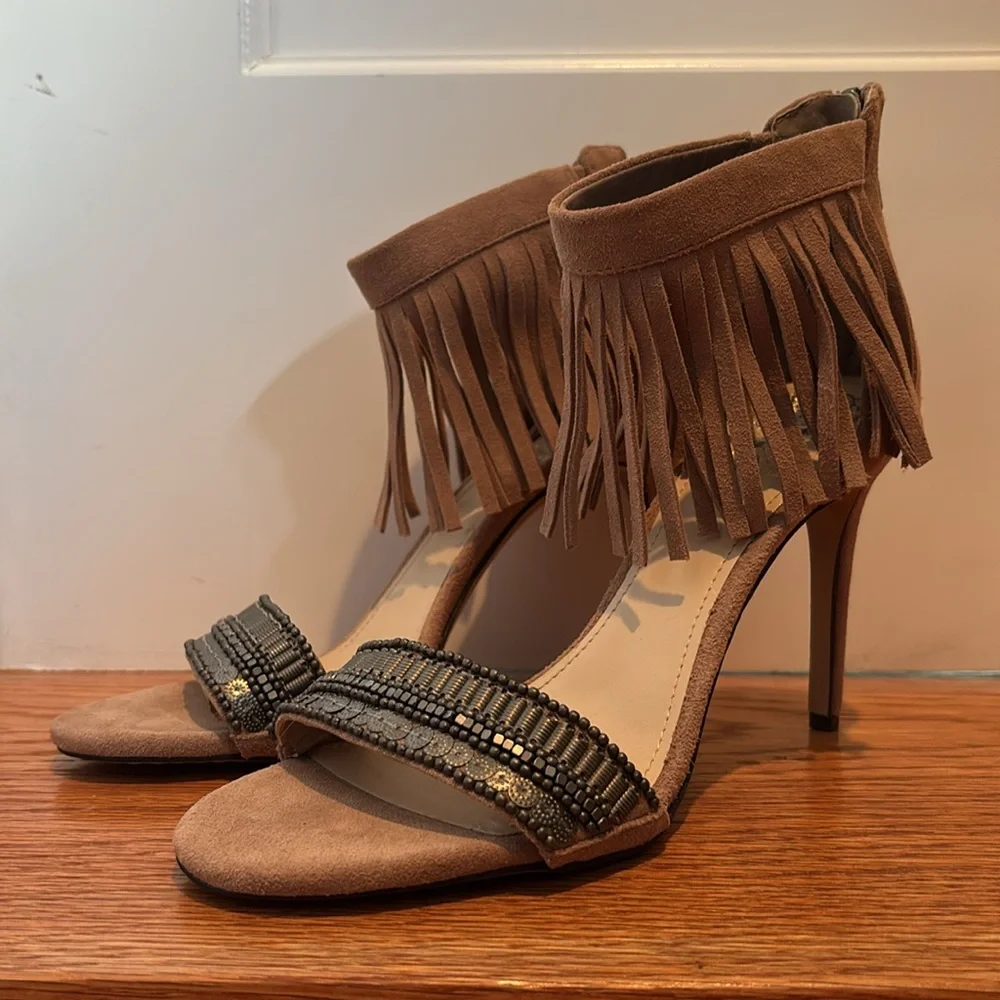 Vince Camuto Taupe Suede Fringe Beaded Open-Toe Heels